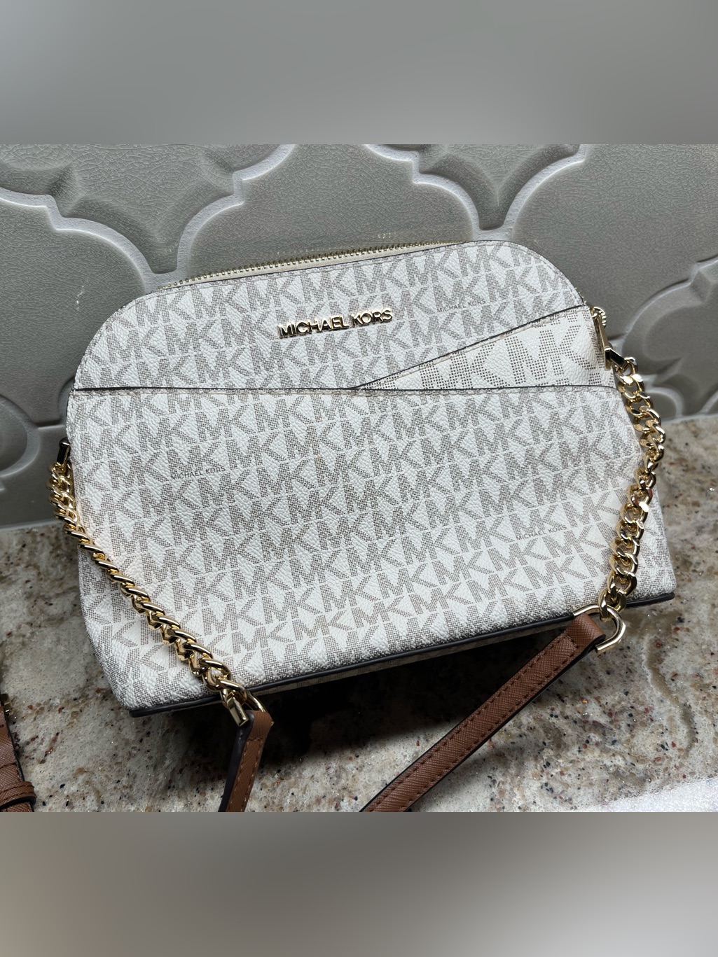 Michael Kors White And Light Taupe Mk Logo Chain Crossbody